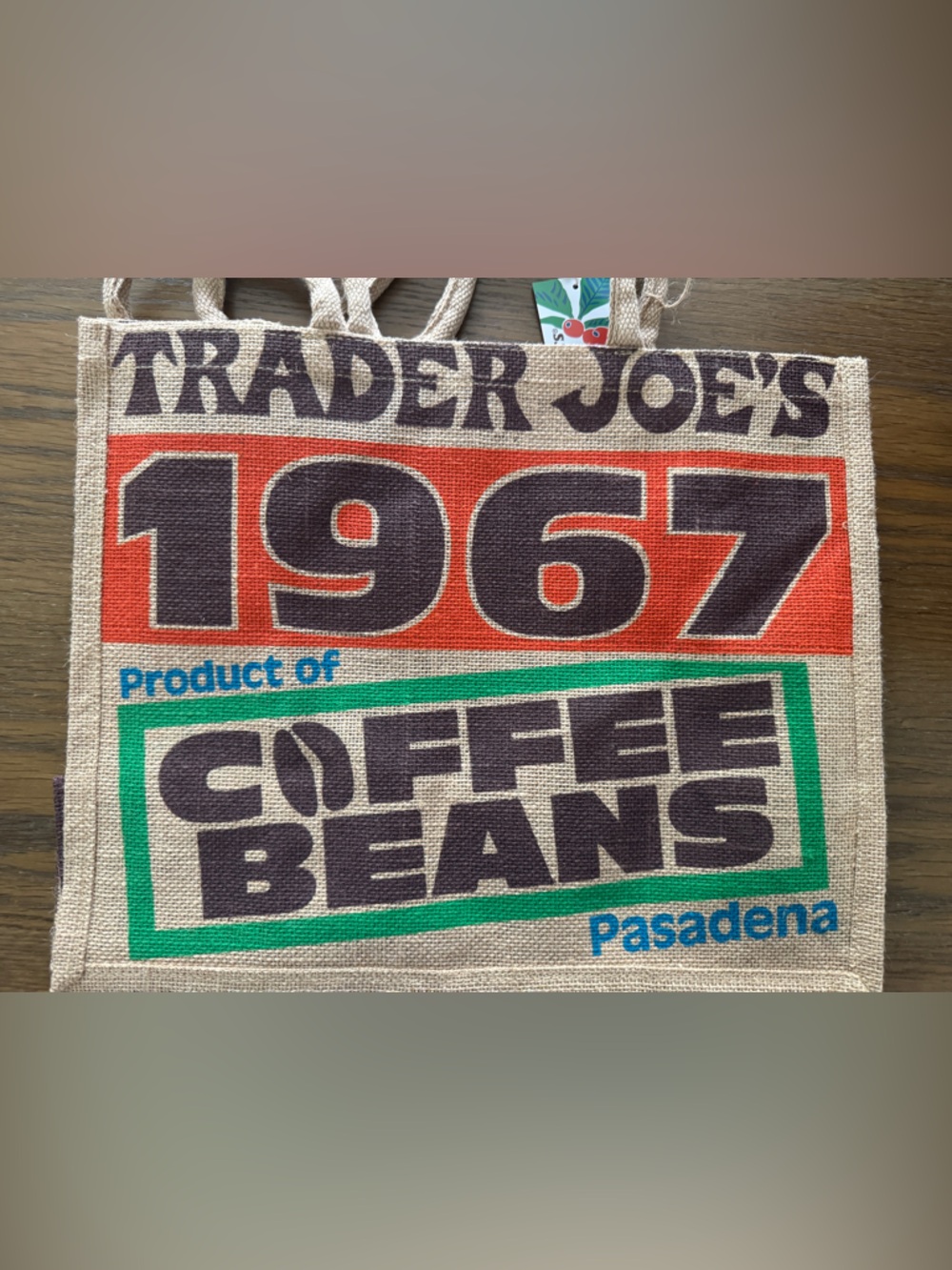 Trader Joe's 1967 Coffee Beans Reusable burlap Tote Bag - Natural/Red/Green